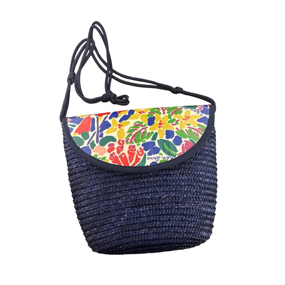 Vintage 90's Ken Done Straw Vinyl Colorful Blue Handbag Purse Floral Tropical